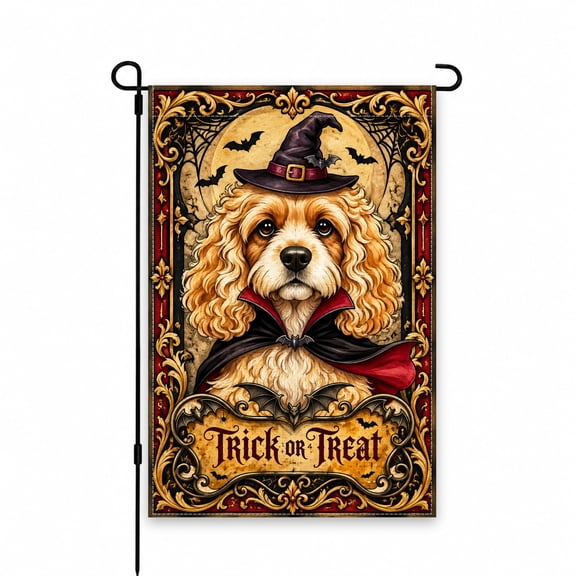 Halloween Garden Flag 12 x 18 Inch, Trick or Treat Design with Dog in Witch Hat and Cape, Vintage Gothic Artwork for Outdoor Yard, Lawn, or Patio Decor
