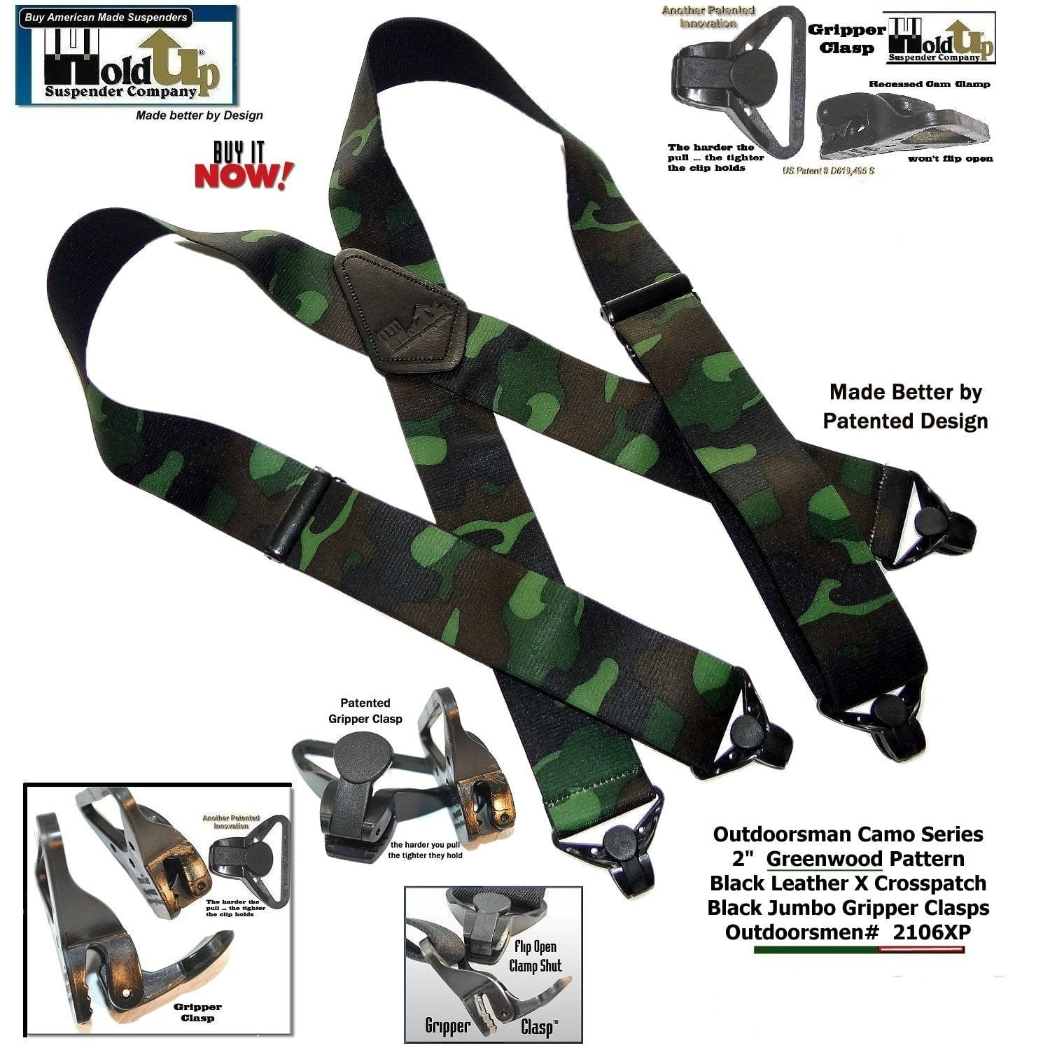 HoldUp Brand Woodland Camouflage Pattern wide HoldUp Suspenders w