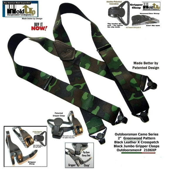 Hold-Up Brand Woodland Camouflage Pattern wide Hold-Up Suspenders w/ USA Patented Plastic Gripper Clasp