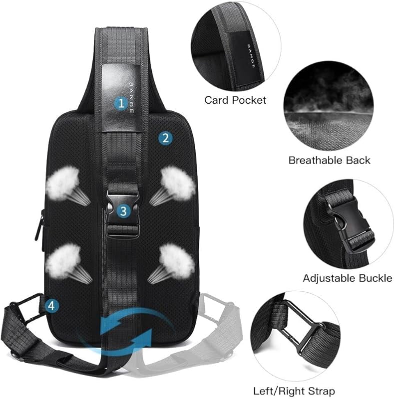 BANGE Anti-Theft Sling Backpack with Lock & USB Charging Port, Unisex Casual Crossbody Bag for Multiple Occasions,Black
