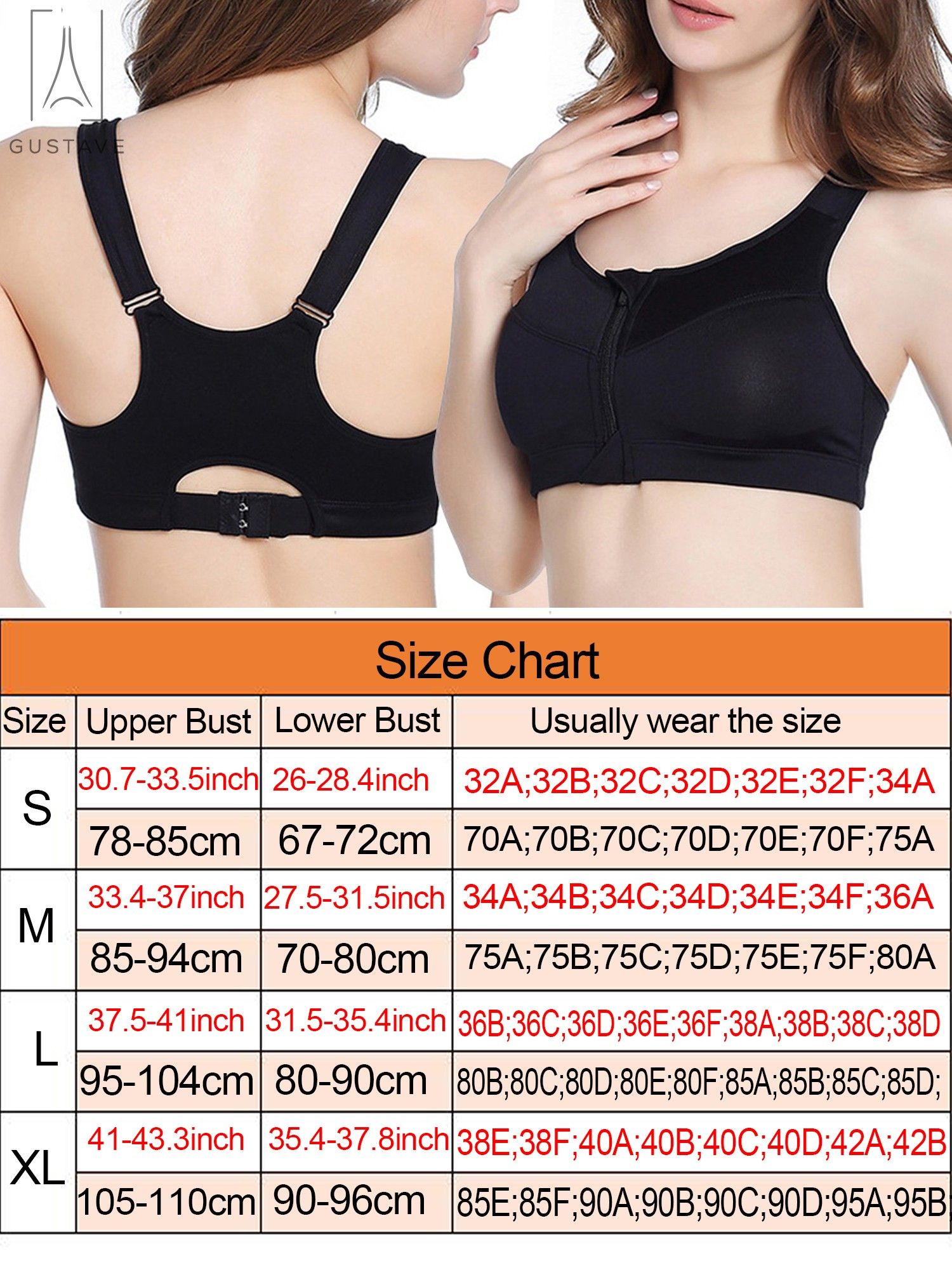Gustave Women High Impact Front Zip Sports Bra Push Up Padded Workout Yoga Bras Wirefree Shockproof Fitness Vest Tops "Gray,L" - image 3 of 10
