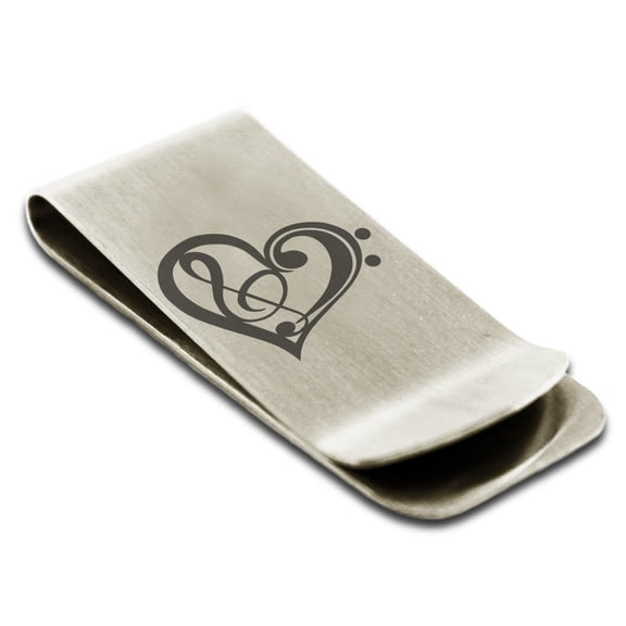 Stainless Steel Treble Bass Clef Heart Engraved Money Clip Credit Card Holder