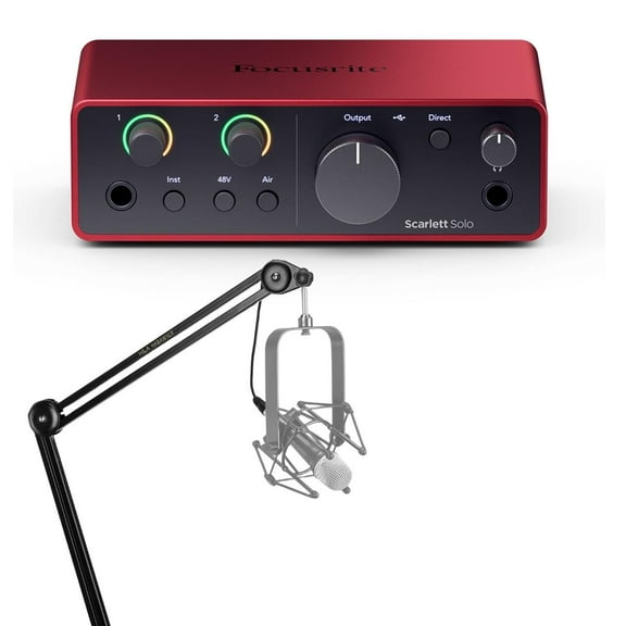 Focusrite Scarlett Solo 4th Gen USB Audio Interface with Software Suite, Bundle with Broadcast Arm with Internal Springs and Integrated 10' XLR Cable
