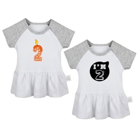 Pack of 2, Happy Birthday & I'm 2 Funny Dresses For Baby, Newborn Babies Skirts, Infant Princess Dress, Toddler Frocks (Gray Raglan Dresses, 0-6 Months)