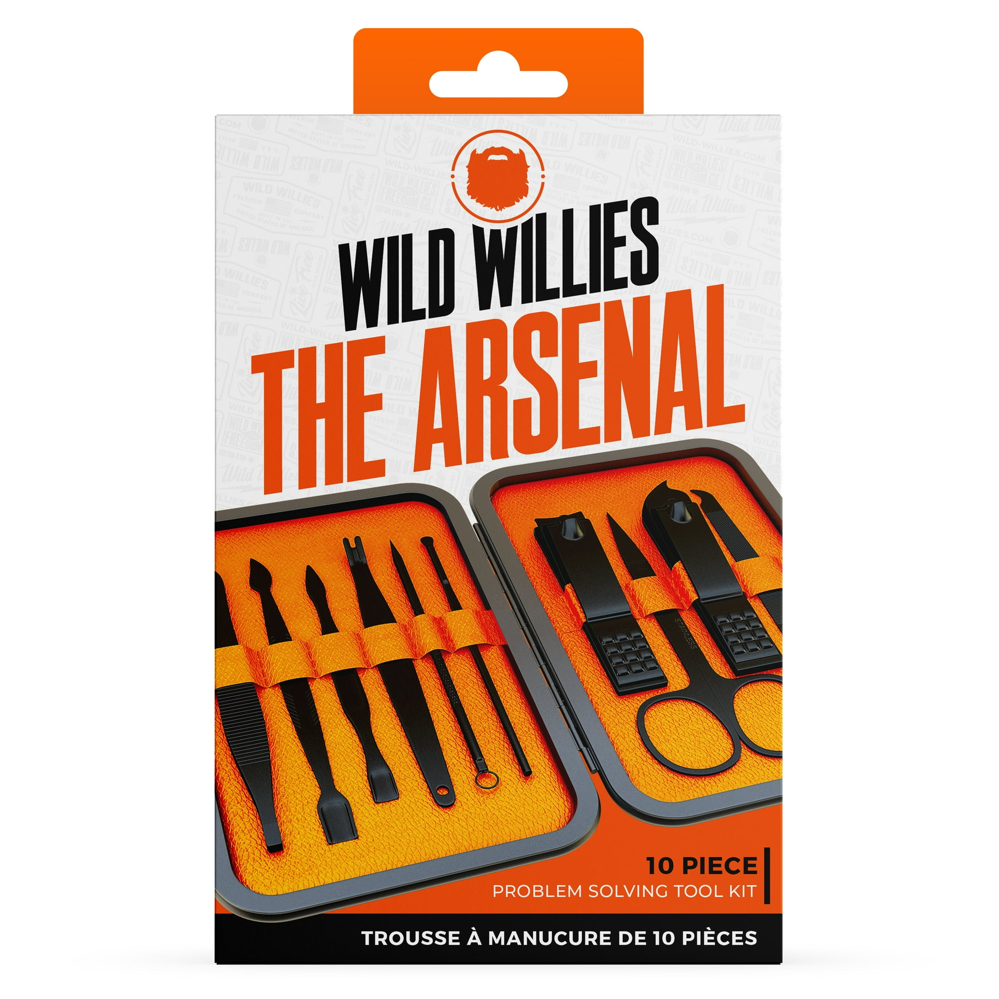 Wild Willies Arsenal Manicure and Pedicure Stainless Steel Men's Adult Grooming Kit, 10 Pieces, Black