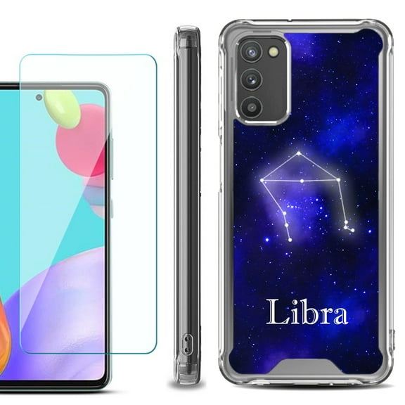 Shockproof Bumper Phone Case for Samsung Galaxy A02s, with Tempered Glass Screen Protector, by OneToughShield ® - Zodiac / Libra