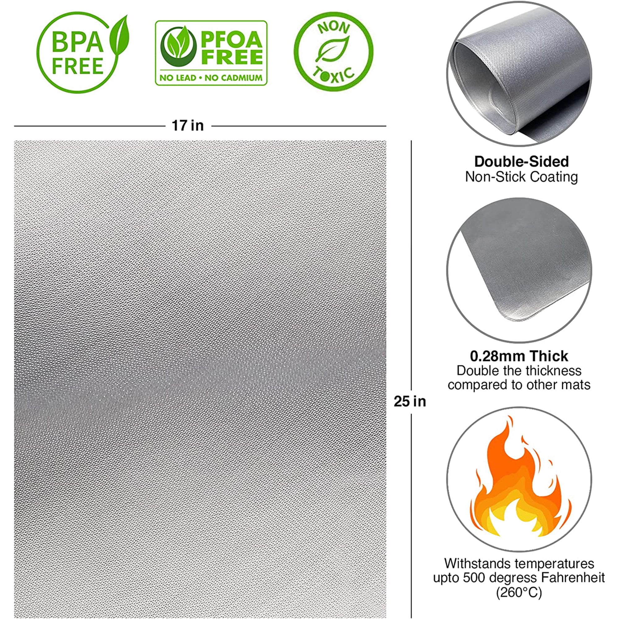 2 Pack Large Thick Heavy Duty Non Stick Teflon Silver Oven Liners Mat 17"x 25" for bottom of Electric Oven Gas Oven Microwave Charcoal or Gas Grills