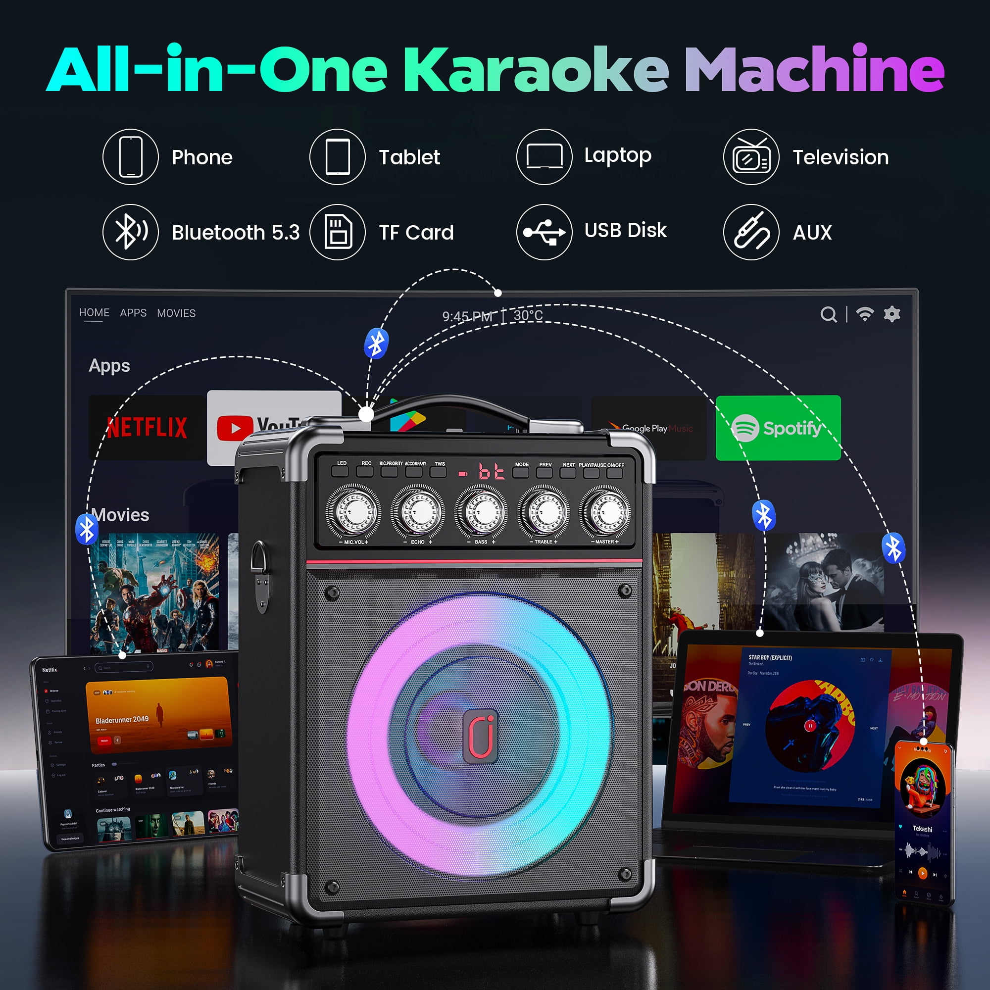 JAUYXIAN Karaoke Machine, Portable Bluetooth Speaker with 2 Microphones, Karaoke Party Speaker, TX05
