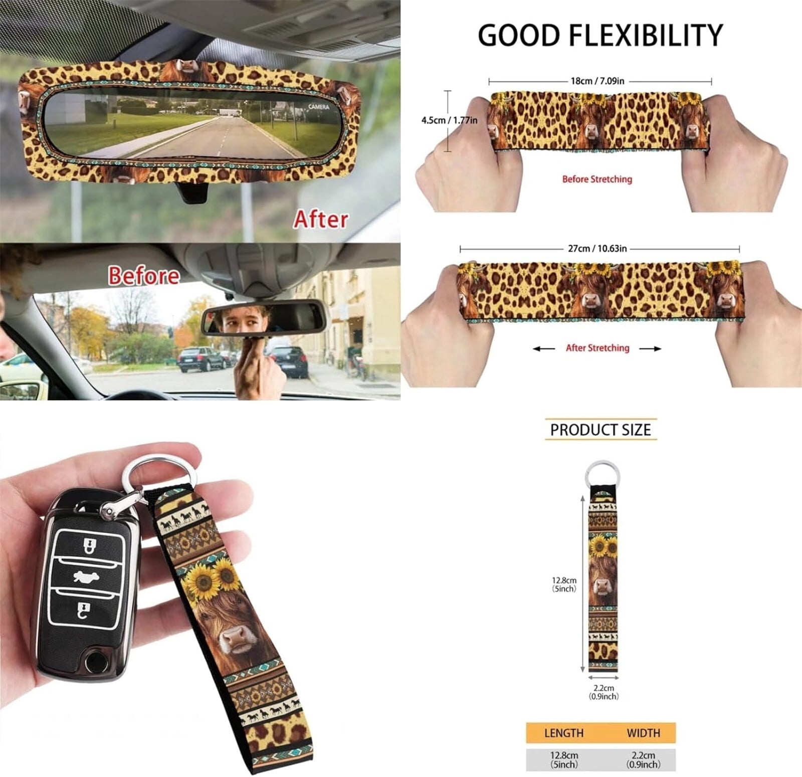 Yuyamidu Highland Cow Front Car Seat Covers Full Set of 12 Aztec Steering Wheel Cover Seat Belt Armrest Cover Trash Can Air Vent Holder Rear View Mirror Cover Coasters Keychain Auto Interior Decor