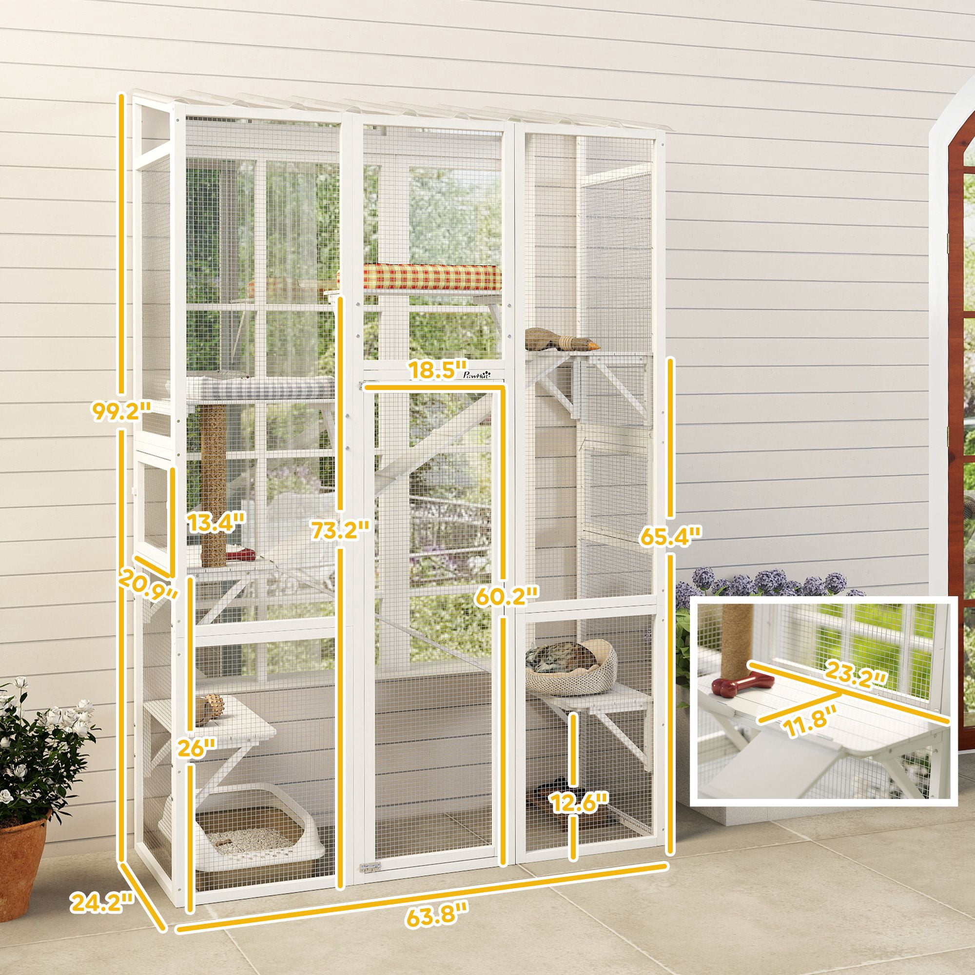 Dranite Wooden Cat House Outdoor, Catio with 2 Ramps & Jumping Platforms, for 2-3 Small Cats