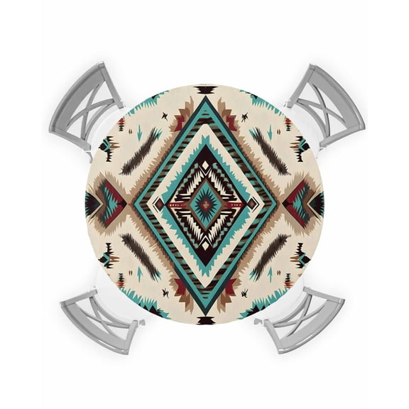 nqOlkjepod Red Teal Brown Round Tablecloth, Fitted Table Cover with Elastic for 45"-54" Round Tables, Southwestern Ethnic Geometric Boho Table Cloth Outdoor Dinning Party Waterproof Tablecloths