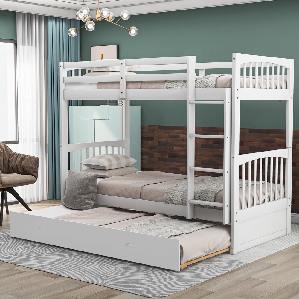 Merax Twin over Twin Solid Wood Bunk Bed with Trundle, Multiple Colors