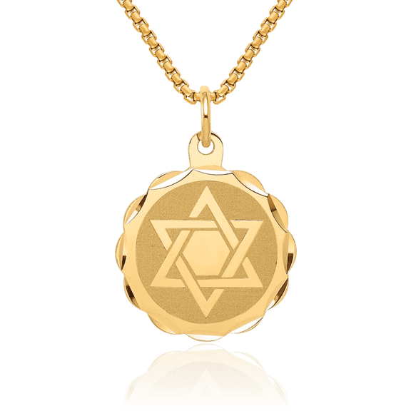 14K Solid Yellow Gold Star of David Jewish Magen Disc Necklace Judaica Religious Chain Pendant Israel Charm