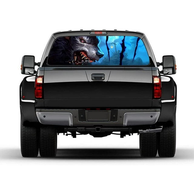 Truck Rear Window Decal Sticker, Wolf Graphic Car Back Window Decal Flower Perforated Window Back Decal for Truck SUV Van Pickup, 53x14 inch-A_53X14inch