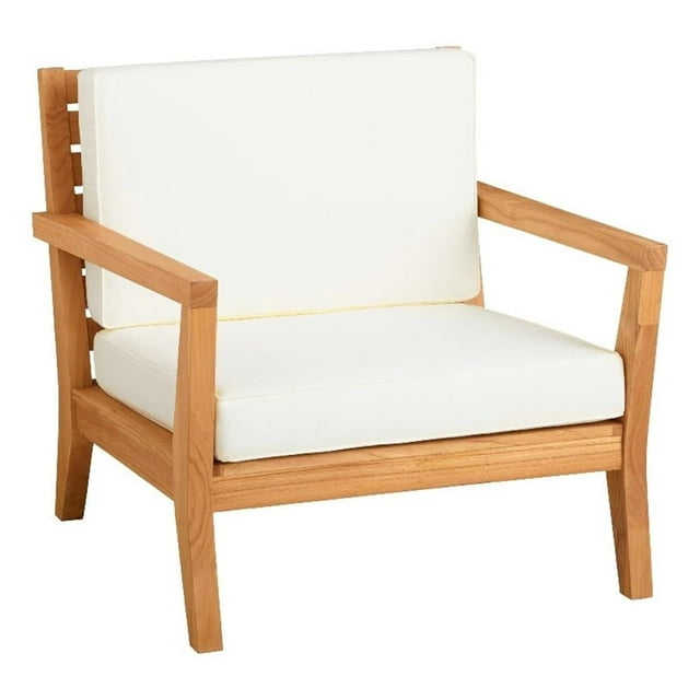 Pemberly Row Outdoor Solid Teak Arm Chair with UV Resistant Cushions in Natural