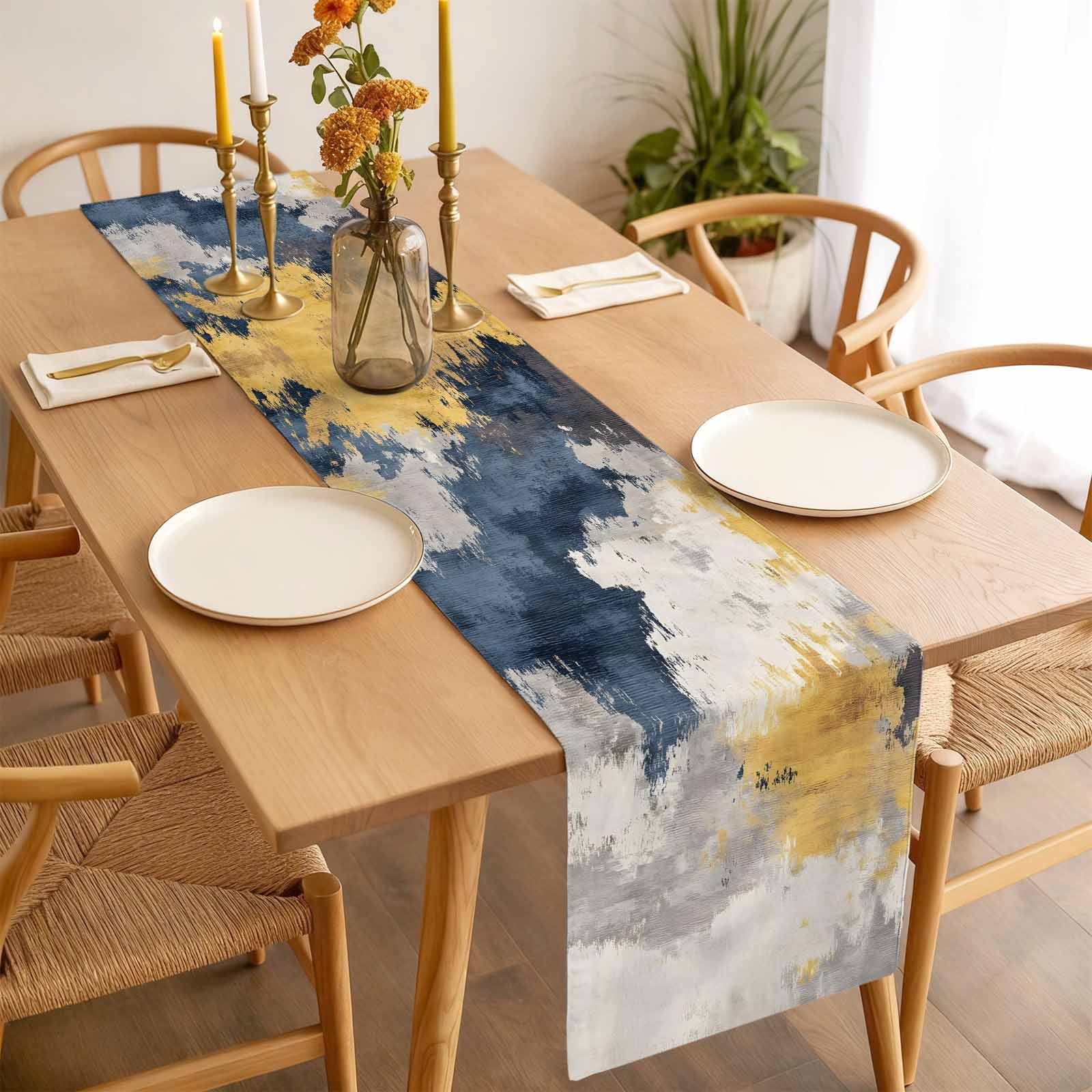Abstract Art Table Runner 13x120 inch Watercolor Blue Yellow Blending Cotton Linen Dining Table Runner Ideal for Dresser Kitchen Coffee Tables - Machine Washable