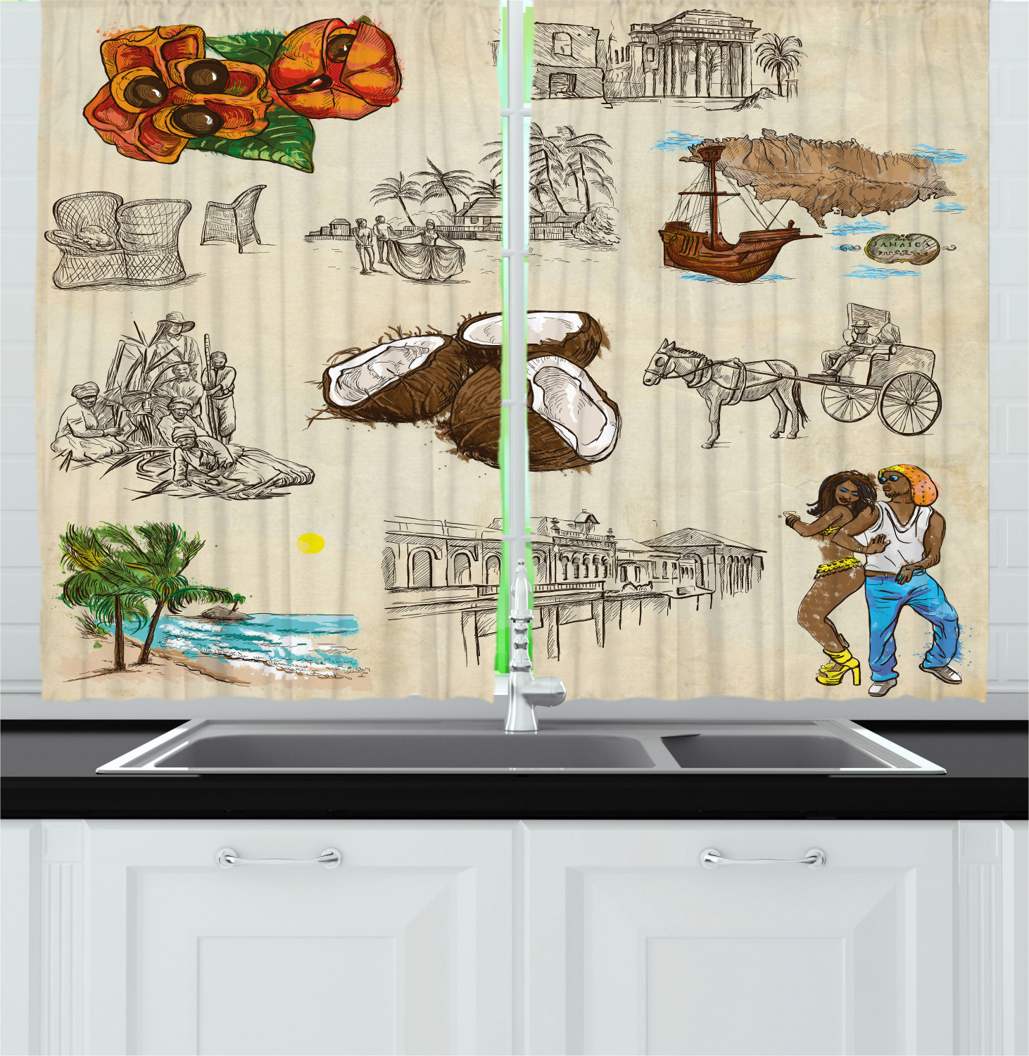 Jamaican Curtains 2 Panels Set, Hand Drawn Illustrations of Elements