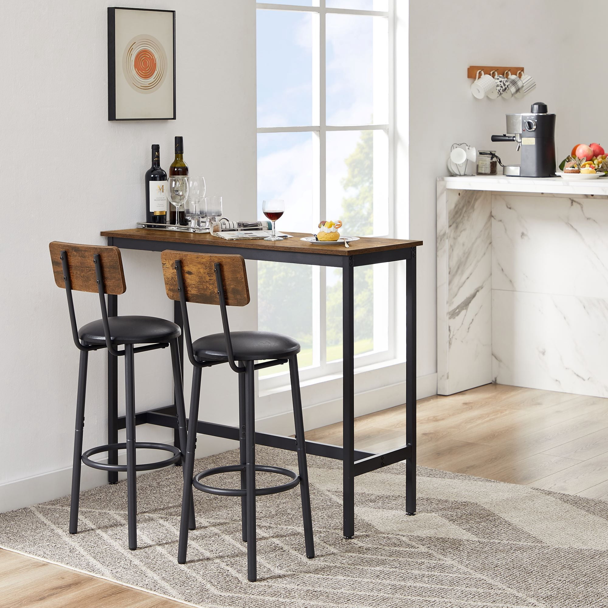 AUKFA 3-Piece Bar Table Set, Pub Dining Table & PU Upholstered Stools with Backrest for Kitchen Small Space, Rustic Brown