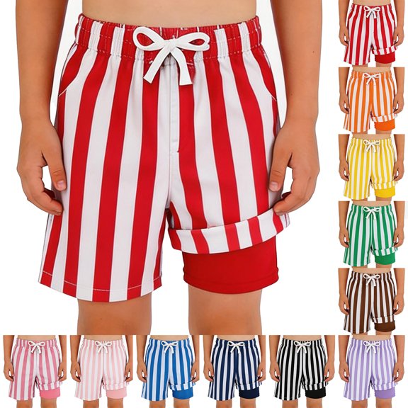 Bigetiay Boys Swim Trunks with Compression Liner Striped Print UPF 50 Beach Shorts for Summer Pool Wear, Size 7-8Years