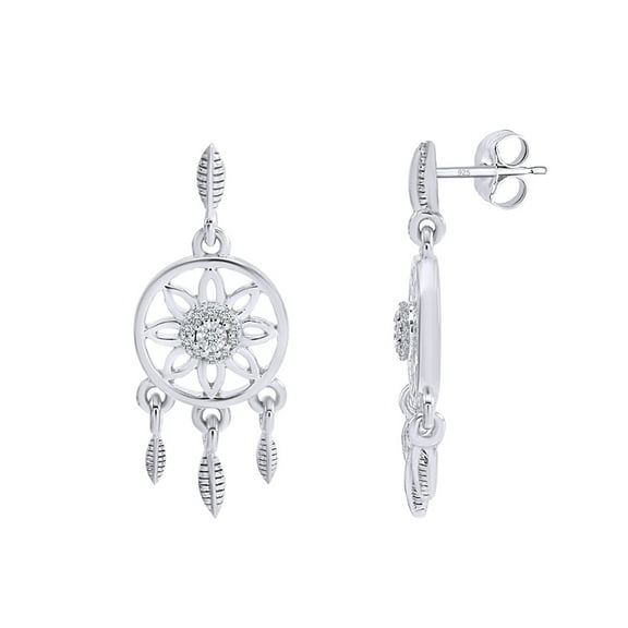 Natural Diamond Accent Dreamcatcher Drop Dangle Earrings For Women In 14k White Gold Over Sterling Silver (0.05 Cttw,I2-I3 Clarity,I-J Color)