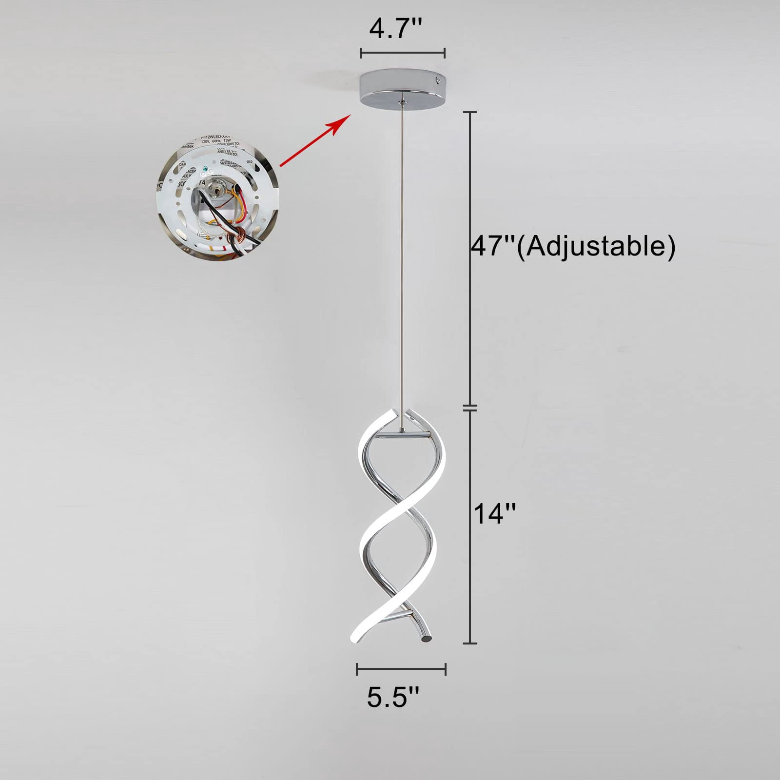 ADISUN Led Pendant Light Spiral Ceiling Lights Fixture Modern Hanging Lamp Adjustable Island Light Cool White Light for Living Room Bedroom Kitchen, Chrome