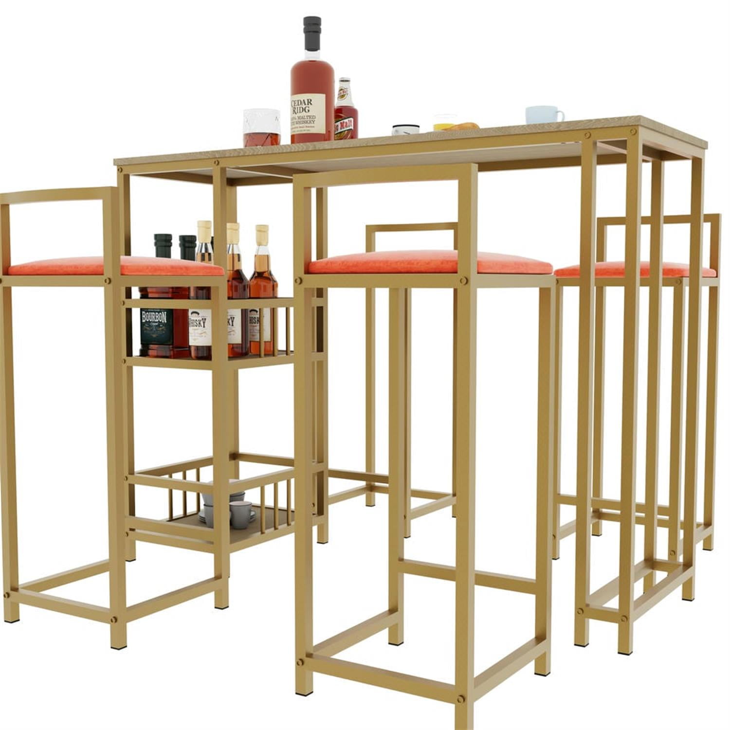 Demi Bonn 5-Piece Dining Table Set with 4 Upholstered Bar Stools and Storage, Kitchen Bar Table Furniture Sets for Dining Room, Apartment, Orange