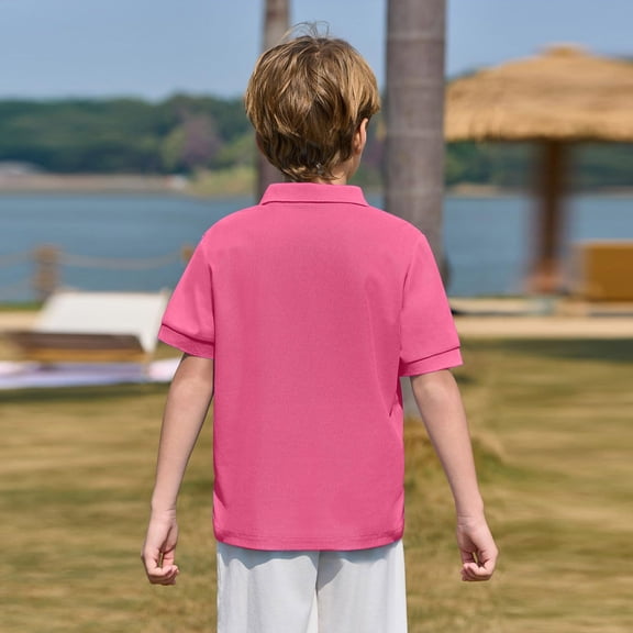 Boy's Golf Polo Shirt School Uniform - Moisture Wicking Athletic Short Sleeve Active Workout Performance Polo Shirts 6-11 Years Hot Pink
