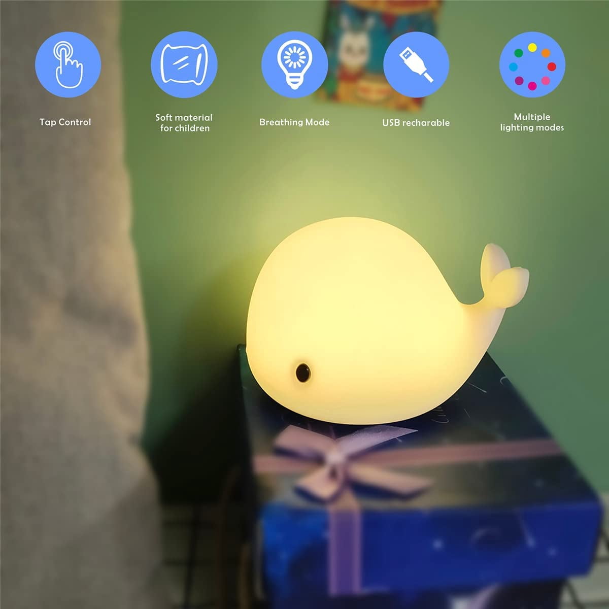KOMI Night Light for Kids,Cute Silicone Nursery Dolphin Lamp for Baby and Toddler,Animal NightLight for Boys and Girls,Squishy Night Lamp for Bedroom,Kawaii Bedside Lamp for Kids Room (Dolphin)