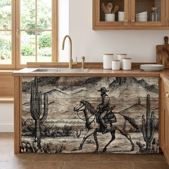 Western Cowboy Cabinet Curtains for Kitchen 32"Wx55"L, Vintage Desert Cactus Horse Hills Brown Wood Grain Pantry Curtain Skirt Magic Tape Curtains Decor Privacy Panel for Utility Closet Bathroom