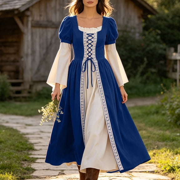 Kinrui Off Shoulder Medieval Renaissance Dress Women Lace Up Corset Fairy Cosplay Party Dresses Blue M