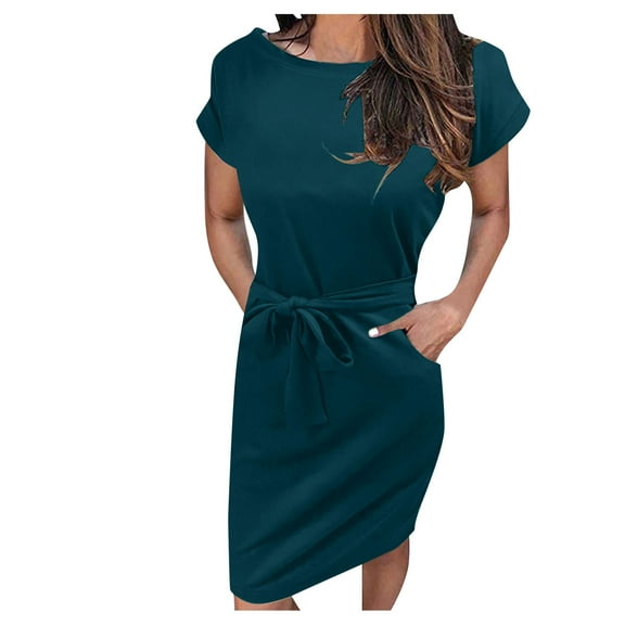 Women's Summer Striped Short Sleeve T-Shirt Bohemian dress Casual Tie Waist With Pockets<time and tru>