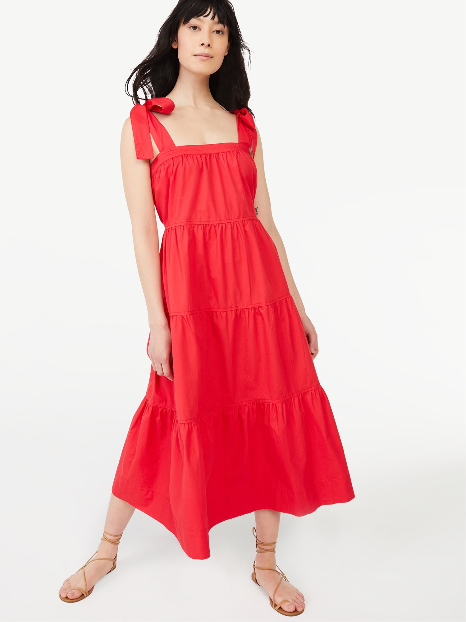 Free Assembly Women's Tie Shoulder Tiered Maxi Dress