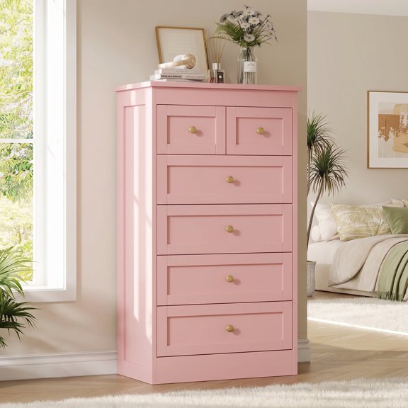Pipleo Tall 6 Drawer Pink Wood Dresser, Easy Assembly with Video Guide