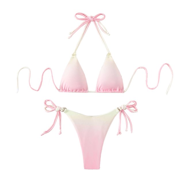 Conjunto De Bikini Con Cuello Halter Colorido Suave Elástico Moda Simple Atado Traje De Baño De 2 Piezas Para Playa Rosa Claro S