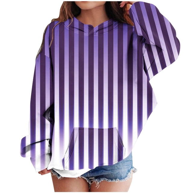 Zwiiyzr 2025 4-14 Ans Sweat à Capuche Oversize pour Filles Manches Longues T-Shirt Rayé Imprimé Col Rond Violet