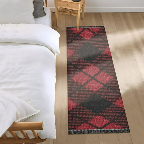 Red and Black Diagonal Tartan Plaids Bedside Runner Rug 2'x 6' Non Slip Carpet Floor Mat Area Rug