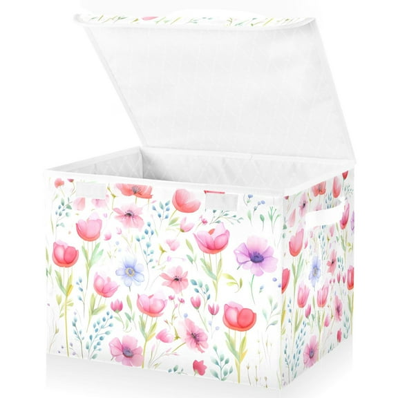 Large Lidded Bin Foldable Storage Baskets Flowers Pink Floral Boxes Cubes Lids with 2 Handles for Home Bedroom Office 16.5"x12.6"x11.8"