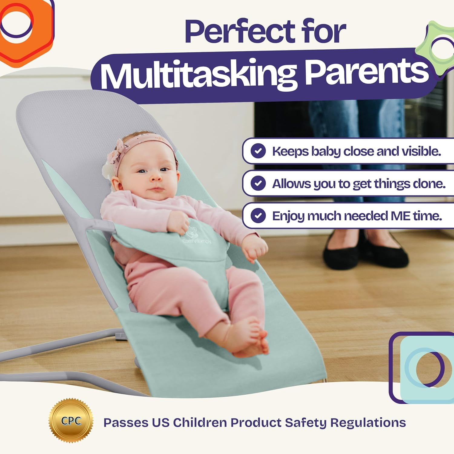 ComfyBumpy Ergonomic Baby Bouncer Seat - Portable Bouncing Chair with Adjustable Height Positions- Green
