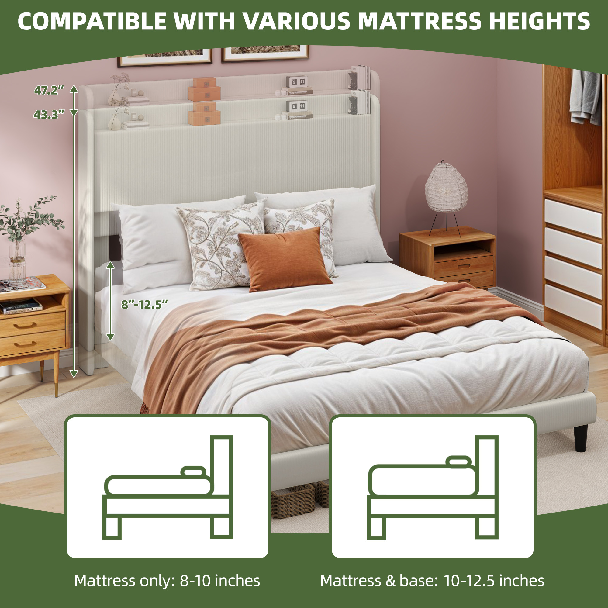Uforic Corduroy Queen Bed Frame with Adjustable Headboard, Sturdy Slats, No Box Spring Needed, Beige