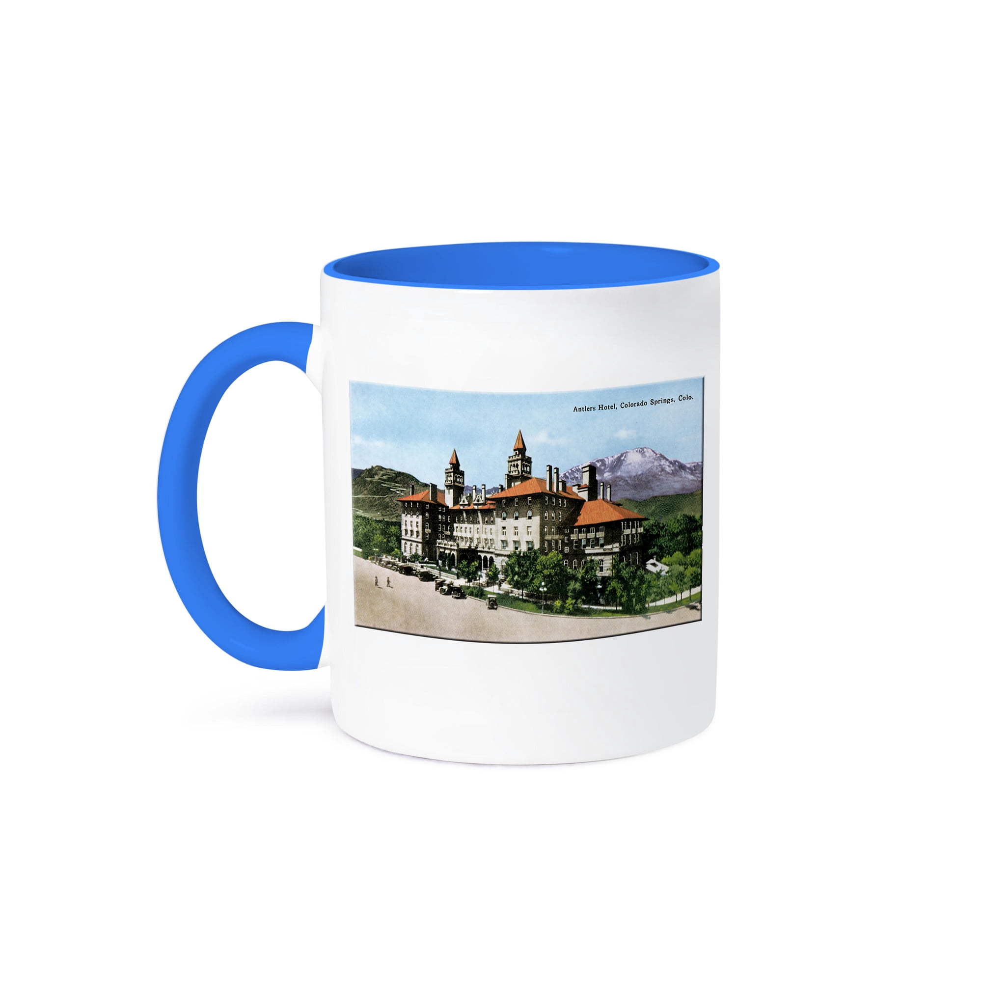 3dRose, Antlers Hotel, Colorado Springs Colorado with Mountains in the Distance, 11oz Two-Tone Blue Mug