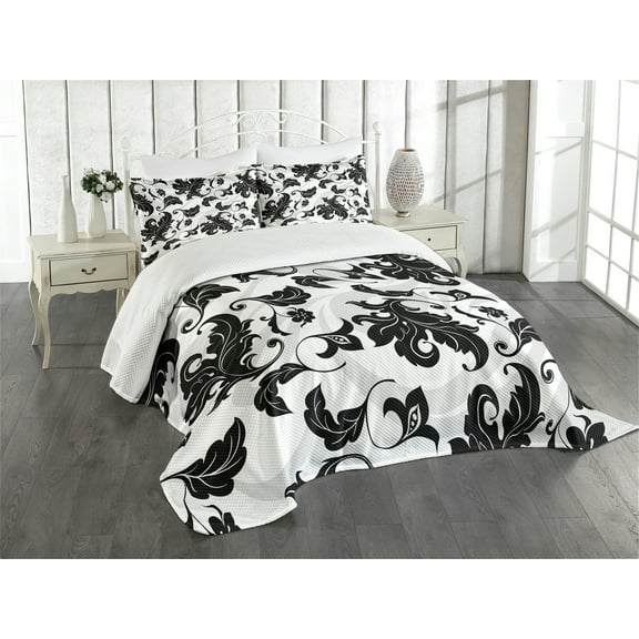 Ambesonne Floral Quilted Bedspread Set 3 Pcs, Abstract Leaf Ivy Swirl, Queen Size, Pale Grey White