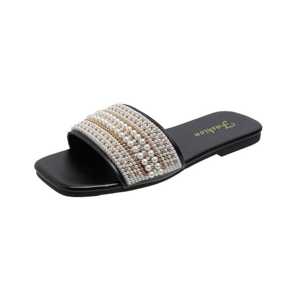 ShiShine Women's Pearl Decor Square Toe Sandals Open Toe Flat Slip On Slides Sandals