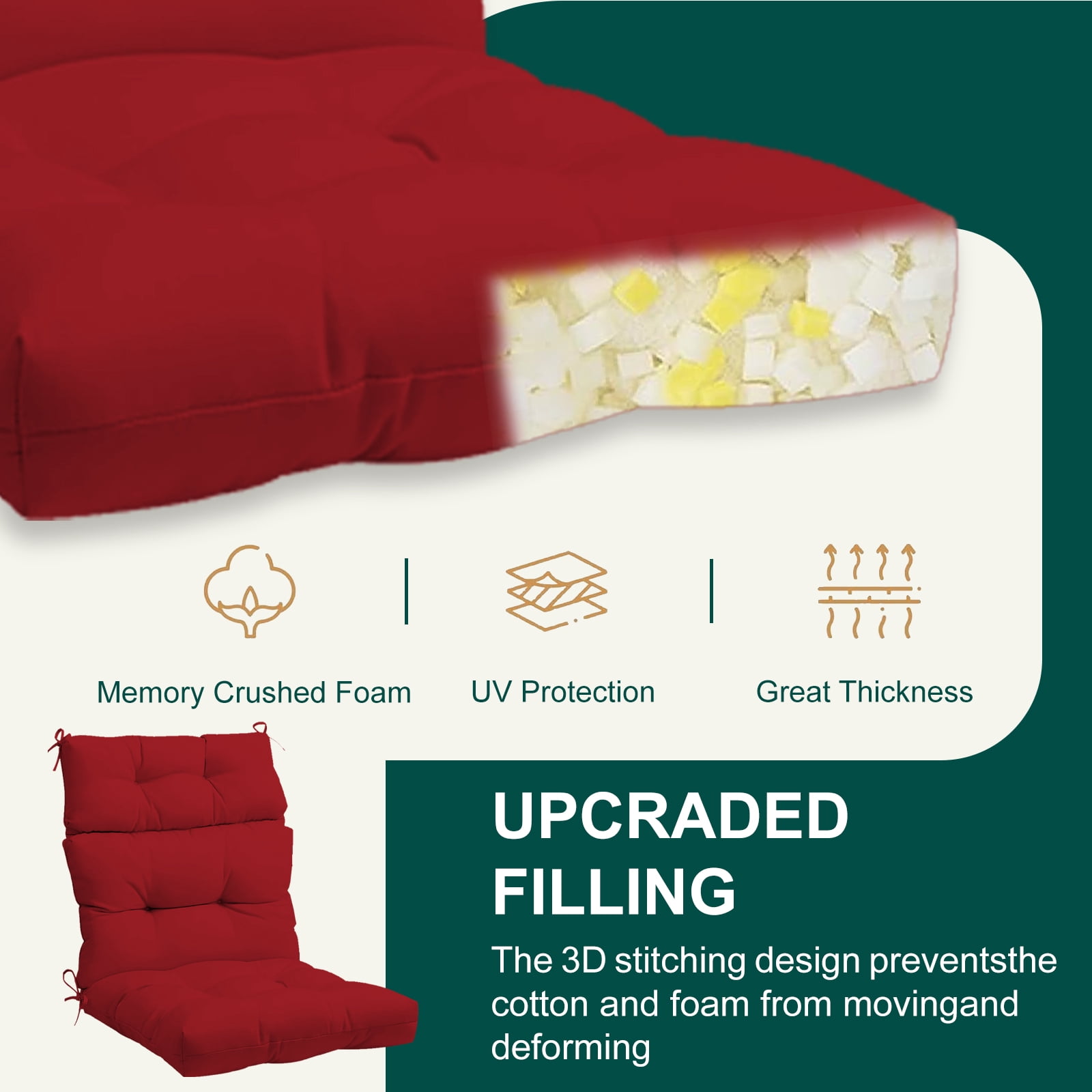 XXLYY Outdoor High Back Chair Cushions 2-Pack, 44”x22”x4” Waterproof Fade-Resistant Cushions with Ties for Adirondack & Rocking Chairs