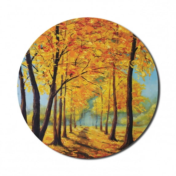 Country Mouse Pad for Computers, Painting of a Park in Autumn Fall with Pale Warm Tone Leaves Harmony Nature Print, Round Non-Slip Thick Rubber Modern Mousepad, 8" Round, Yellow Brown, by Ambesonne