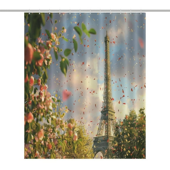 Blossoming Paris Eiffel Tower Waterproof Polyester Quick-Drying Shower Curtain for Bathroom with 12 Hooks
