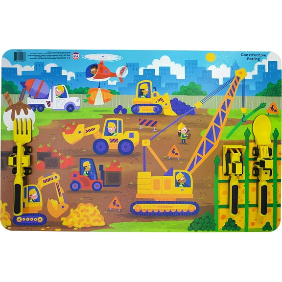 Constructive Eating Made in USA Construction Combo Set of 3 Utensils & Placemat for Toddlers, Infants, Babies and Kids - Made With Materials Tested for Safety