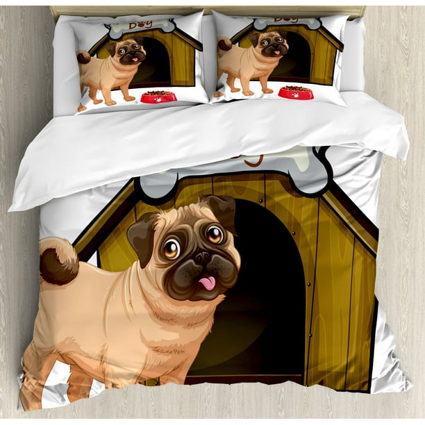 Pug Queen Size Duvet Cover Set, Dog House with a Pug in Front and a Its