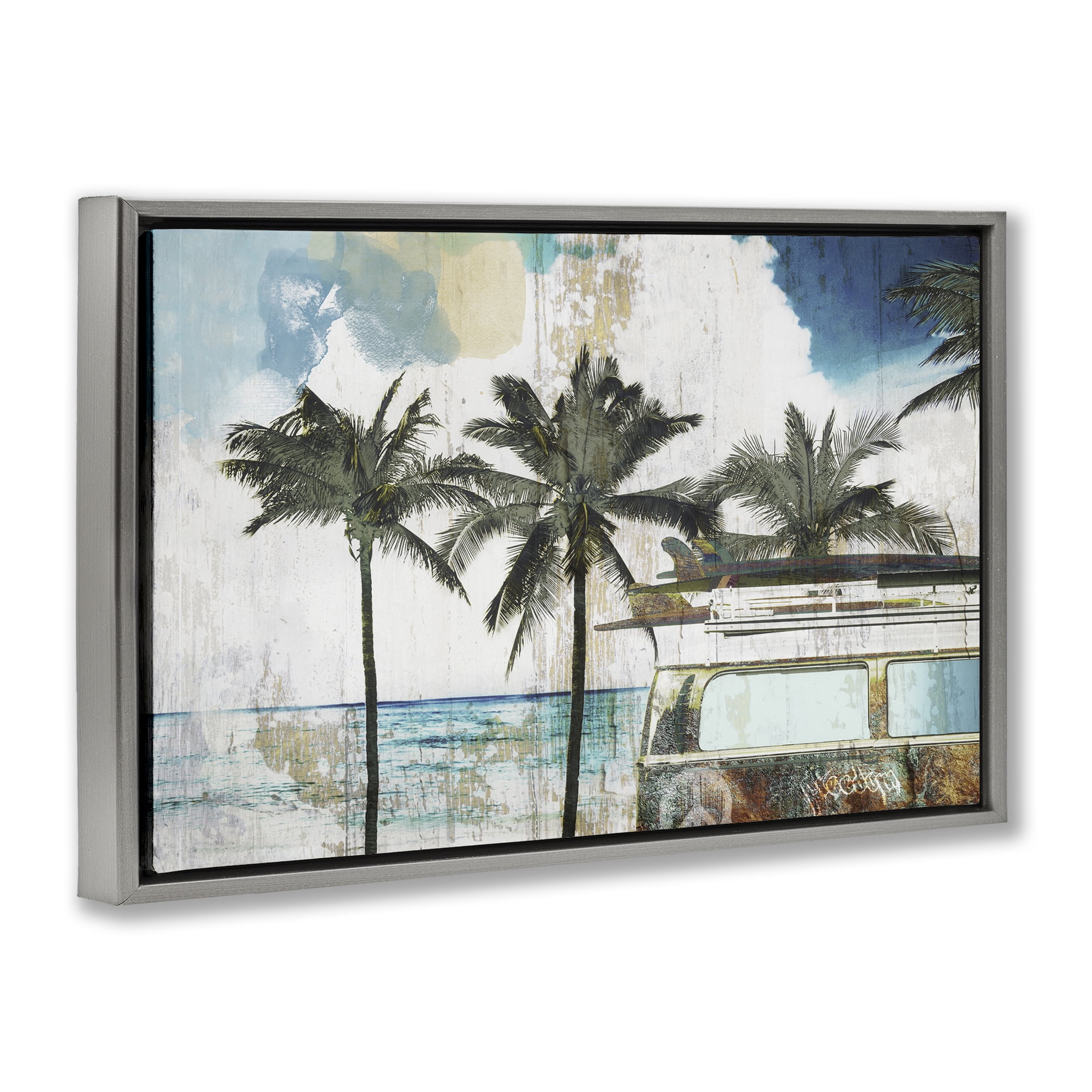 Beach Day Retro Vacation Gray Framed Floater Canvas Wall Art, design by Sasha