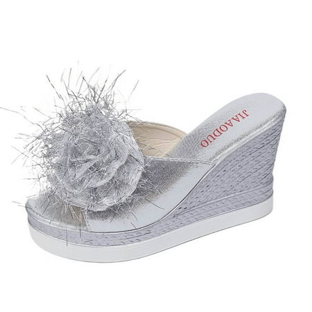 

Spring New Flower Outwear One Line Leisure Fish Mouth Slope Heel Slippers