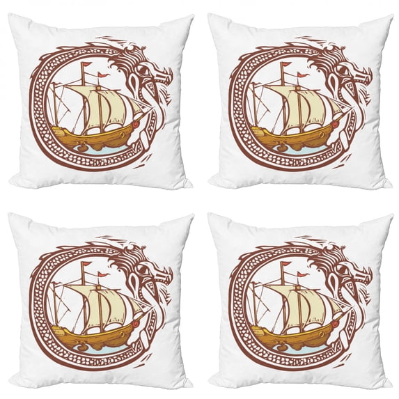 Marine Throw Pillow Cushion Case Pack of 4, Sailing Boat Ship on Waves Round in Dragon Frame Art Illustration, Modern Accent Double-Sided Print, 4 Sizes, White Redbrown and Cream, by Ambesonne